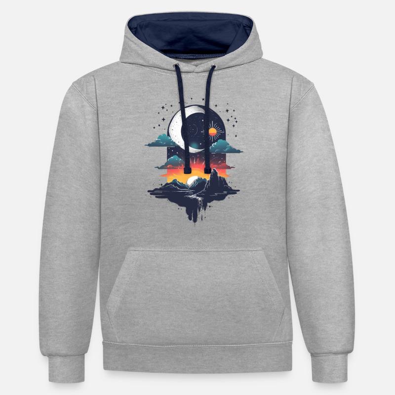 Soleil et Lune - Sweat à capuche contrasté - gris chiné/bleu marine