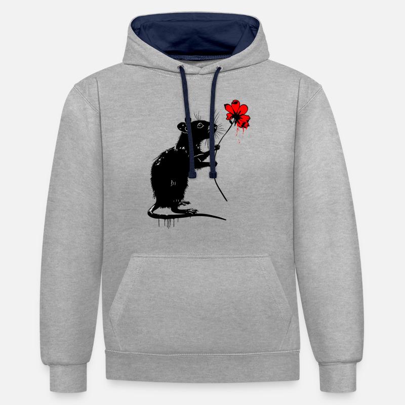 Rat avec fleur - Sweat à capuche contrasté - gris chiné/bleu marine