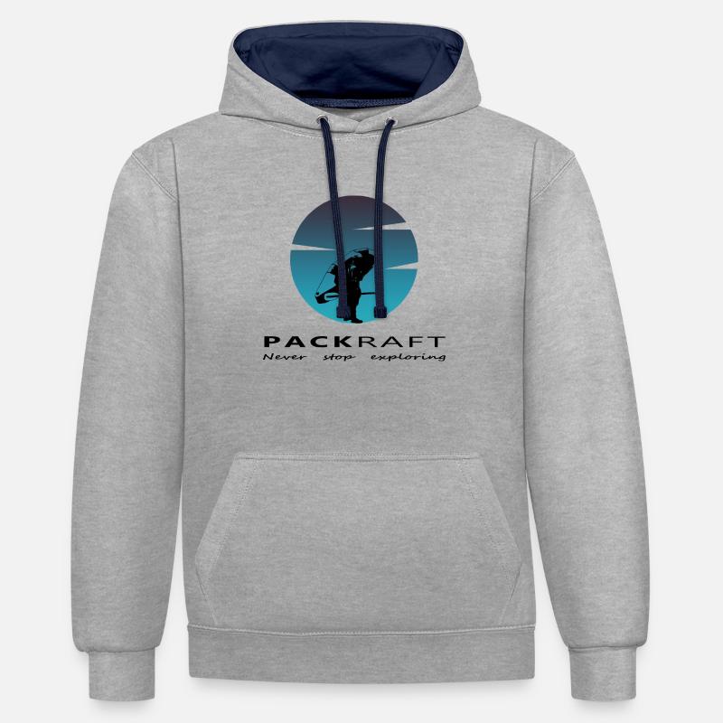 Packraft - Never stop exploring - Kontrast-Hoodie - Grau meliert/Navy