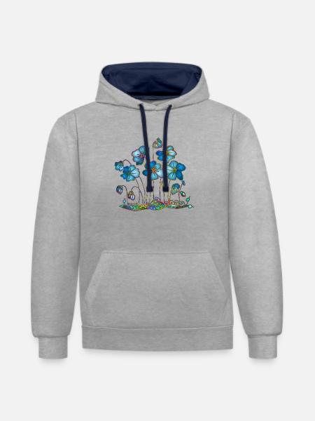 Fleur - Sweat à capuche contrasté - gris chiné/bleu marine
