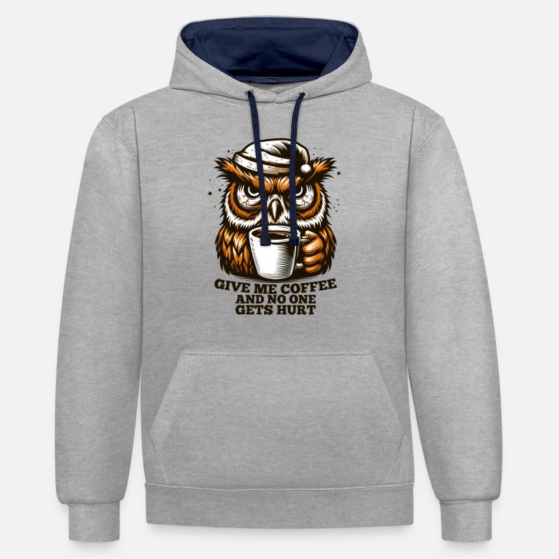 Eule Kaffee müde Geschenk - Kontrast-Hoodie - Grau meliert/Navy