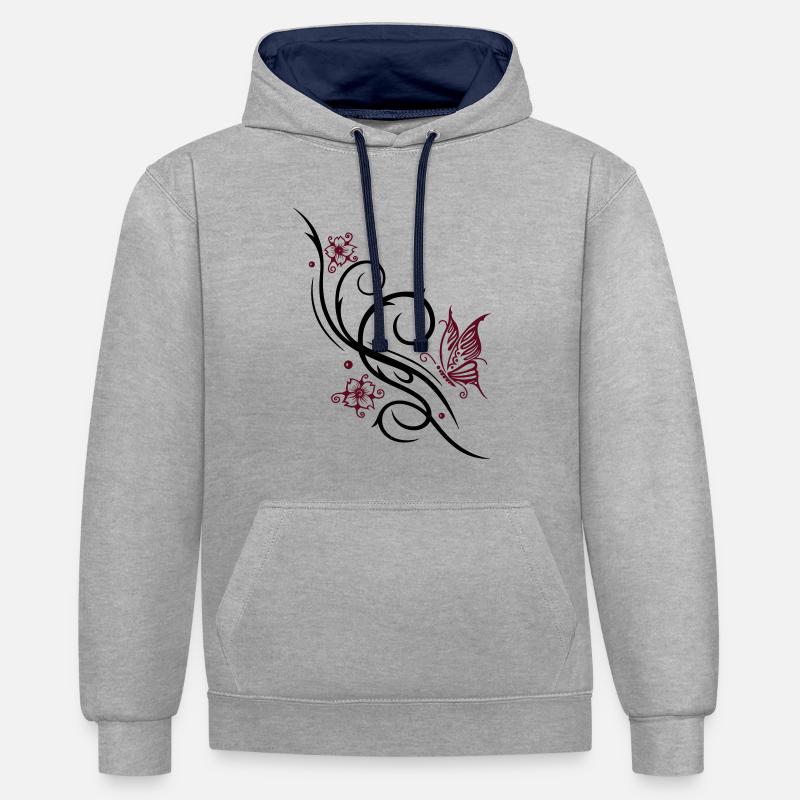 Fleurs de cerisier, fleurs de cerisier - Sweat à capuche contrasté - gris chiné/bleu marine