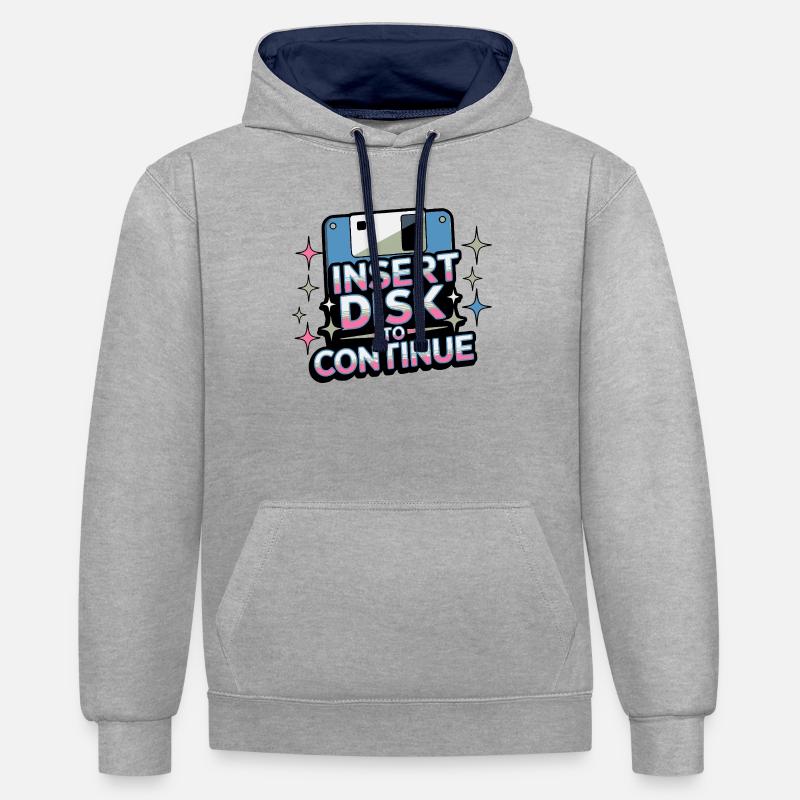 Y2K Retro – Insert Disk to Continue - Kontrast-Hoodie - Grau meliert/Navy