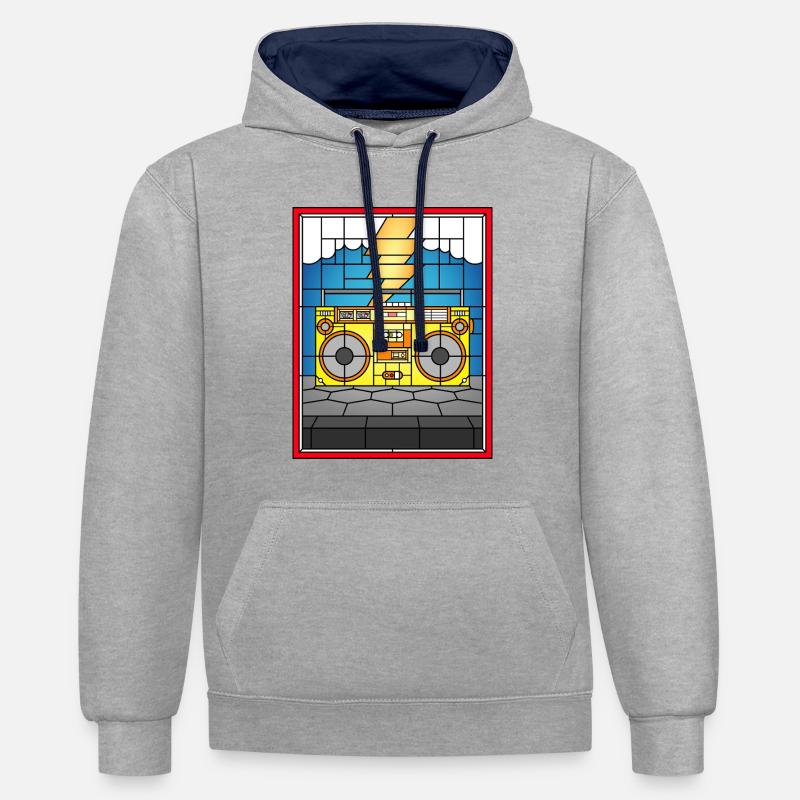 Illustration de Boombox en vitrail - Sweat à capuche contrasté - gris chiné/bleu marine