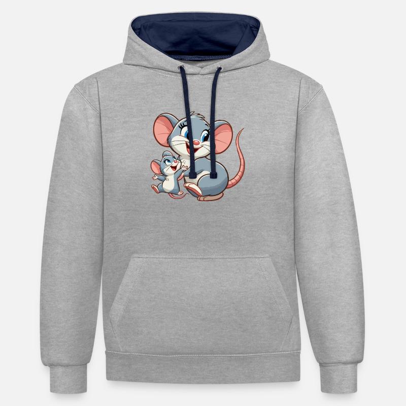 Mäusemutter mit herumtollendem Kind - Kontrast-Hoodie - Grau meliert/Navy