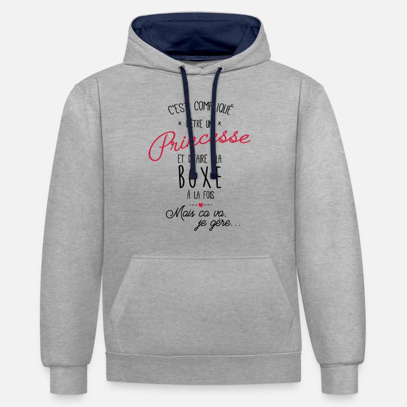 princesse et Boxe - boxeuse - Sweat à capuche contrasté - gris chiné/bleu marine
