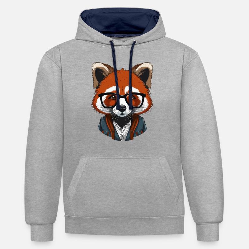 Red Panda en hipster - Sweat à capuche contrasté - gris chiné/bleu marine