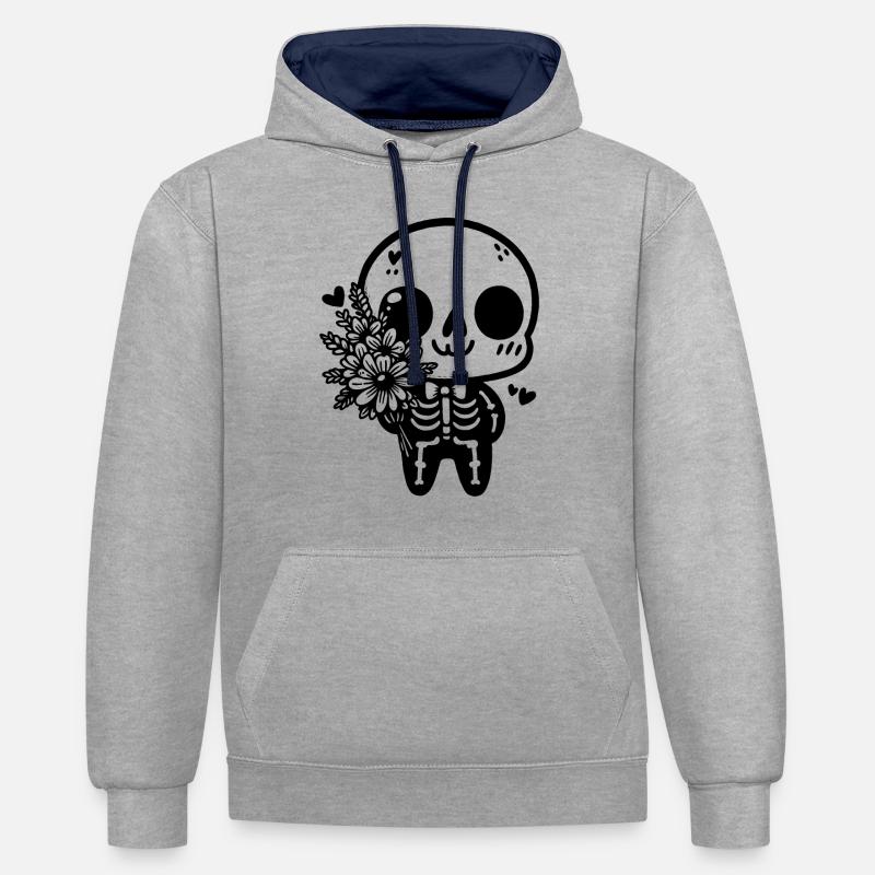 Squelette et Fleurs - Élégance Macabre - Sweat à capuche contrasté - gris chiné/bleu marine