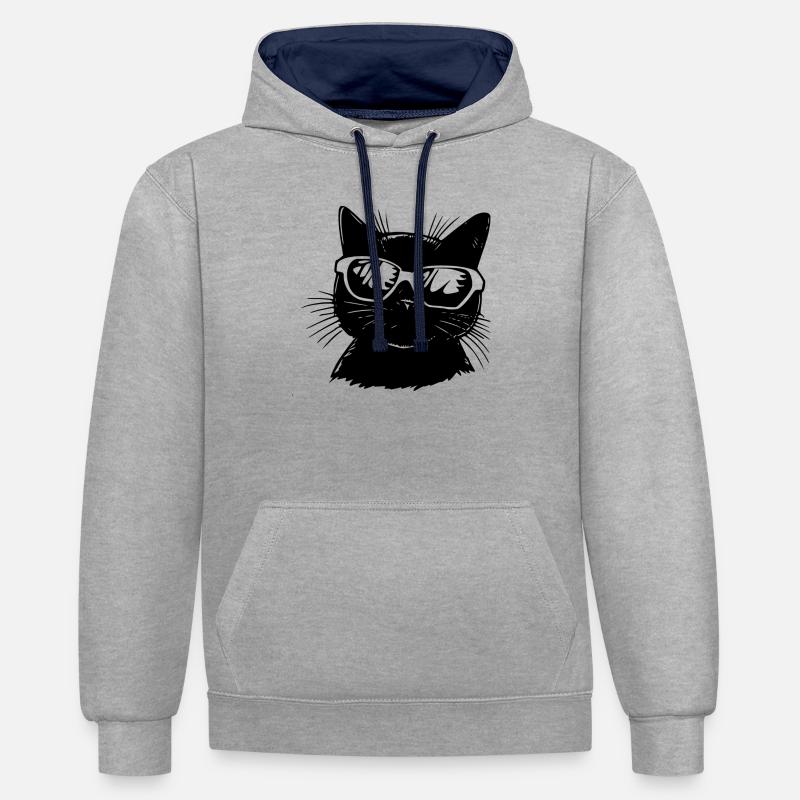 Chat avec lunettes - Sweat à capuche contrasté - gris chiné/bleu marine