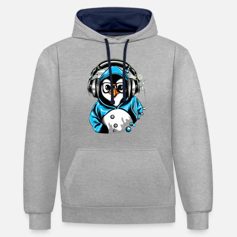 Pingouin avec pull bleu - Sweat à capuche contrasté - gris chiné/bleu marine
