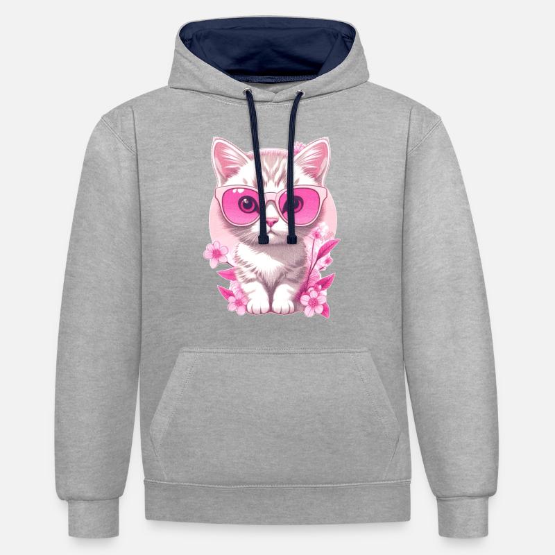 Chaton en vacances 🐾 - Sweat à capuche contrasté - gris chiné/bleu marine