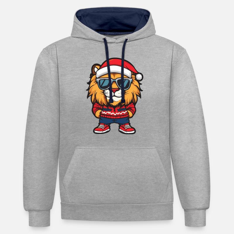 Lion Noël Bande dessinée Cool - Sweat à capuche contrasté - gris chiné/bleu marine