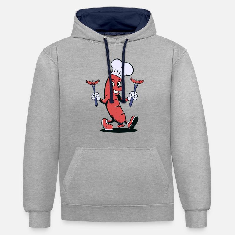 Sausage Grill Dessin animé - Sweat à capuche contrasté - gris chiné/bleu marine