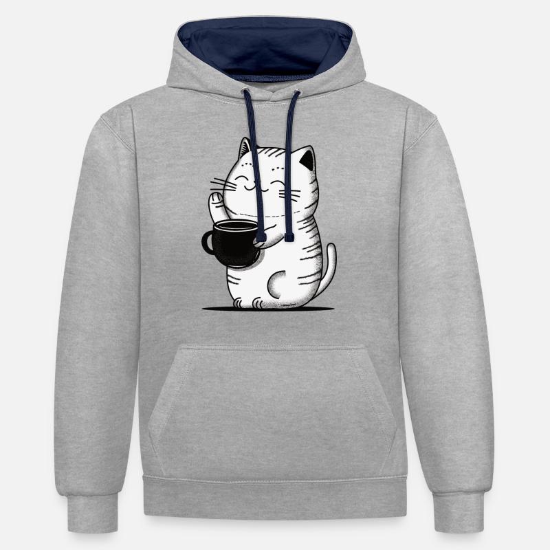 Chat café - Sweat à capuche contrasté - gris chiné/bleu marine