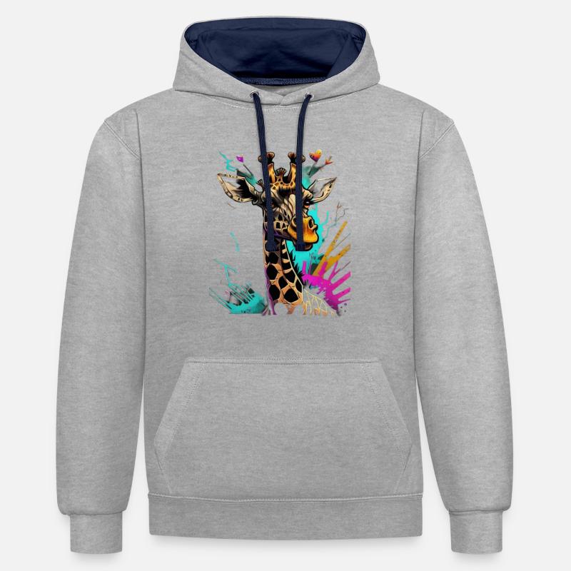 Graffiti Girafe - Sweat à capuche contrasté - gris chiné/bleu marine