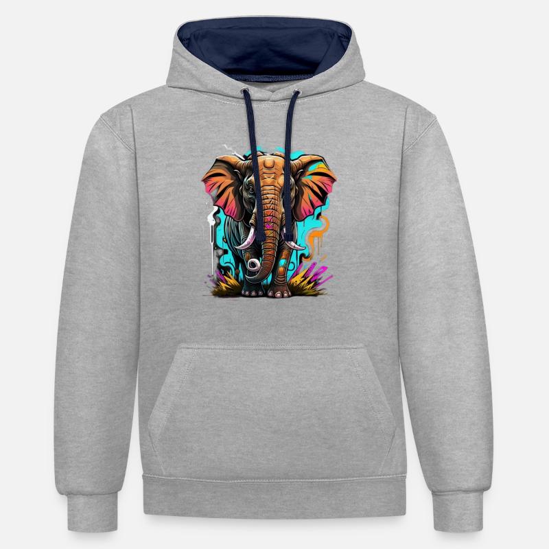 Graffiti éléphant - Sweat à capuche contrasté - gris chiné/bleu marine
