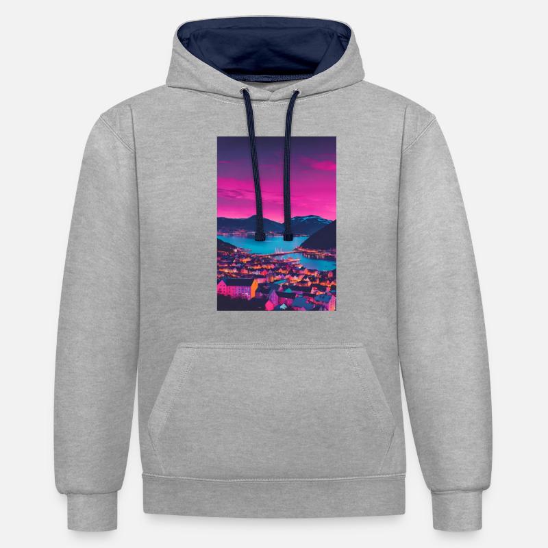 Ville au coucher du soleil - Sweat à capuche contrasté - gris chiné/bleu marine