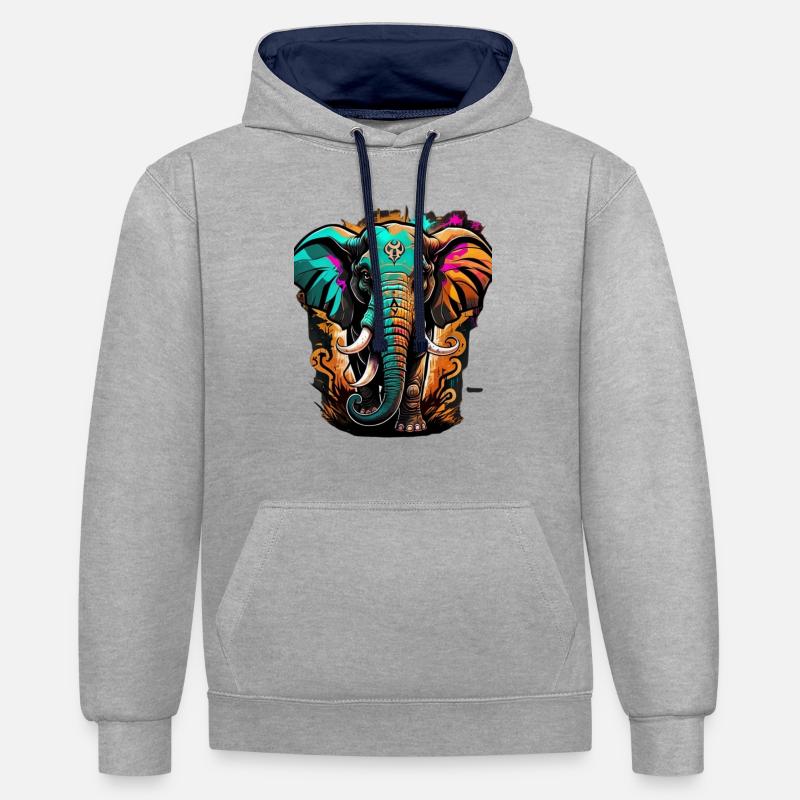 Graffiti éléphant - Sweat à capuche contrasté - gris chiné/bleu marine