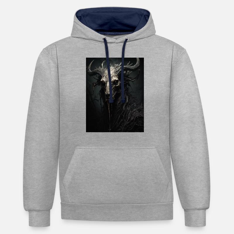 Figure démoniaque avec des cornes - Sweat à capuche contrasté - gris chiné/bleu marine