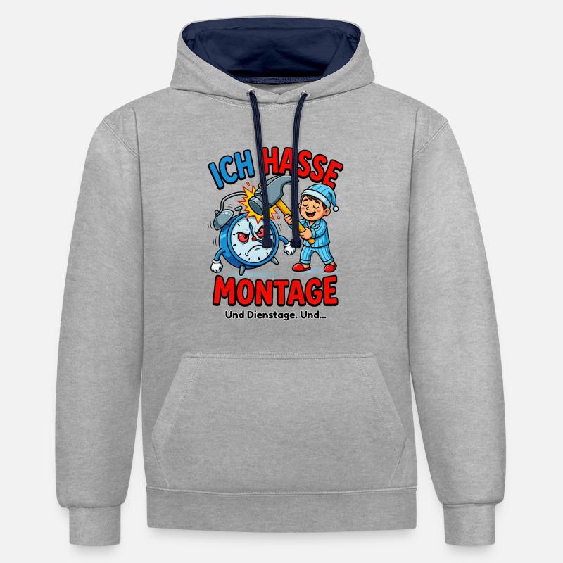 Je déteste les lundis – Alarm & Hammer - Sweat à capuche contrasté - gris chiné/bleu marine