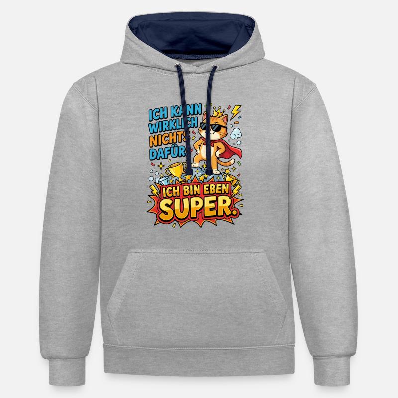 Héros Chat : Je suis juste super - Sweat à capuche contrasté - gris chiné/bleu marine