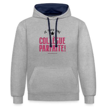 Je suis une collègue parfaite. Cadeau collègue - Sweat à capuche contrasté - gris chiné/bleu marine - Devant - Liana (172cm) & Jaron (178cm)