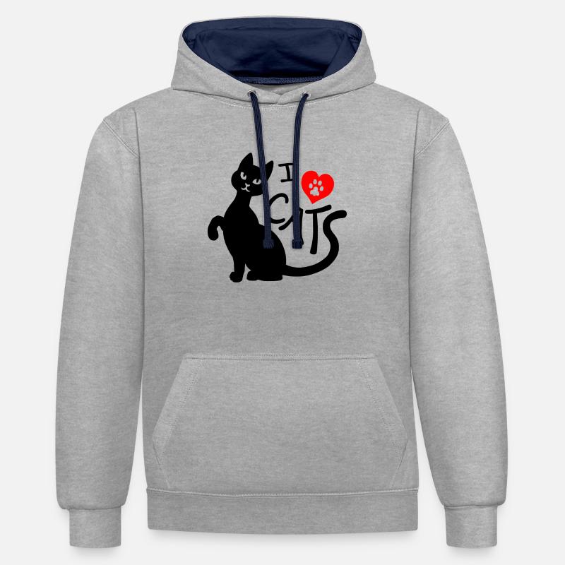 J’adore les chats - Sweat à capuche contrasté - gris chiné/bleu marine