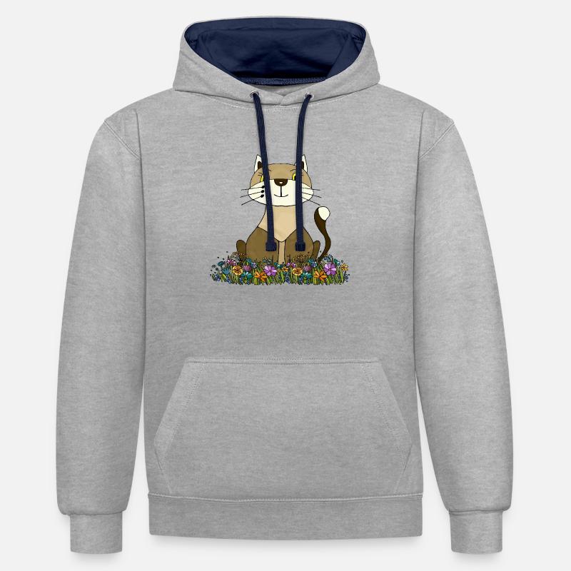 Chat - Sweat à capuche contrasté - gris chiné/bleu marine