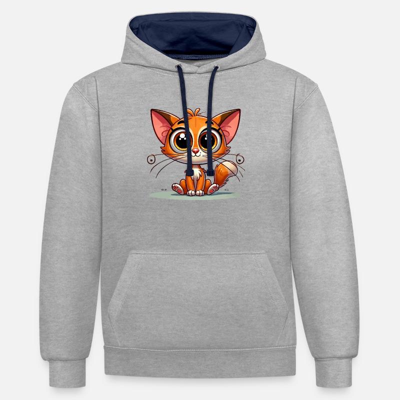 Chaton de dessin animé mignon - Sweat à capuche contrasté - gris chiné/bleu marine
