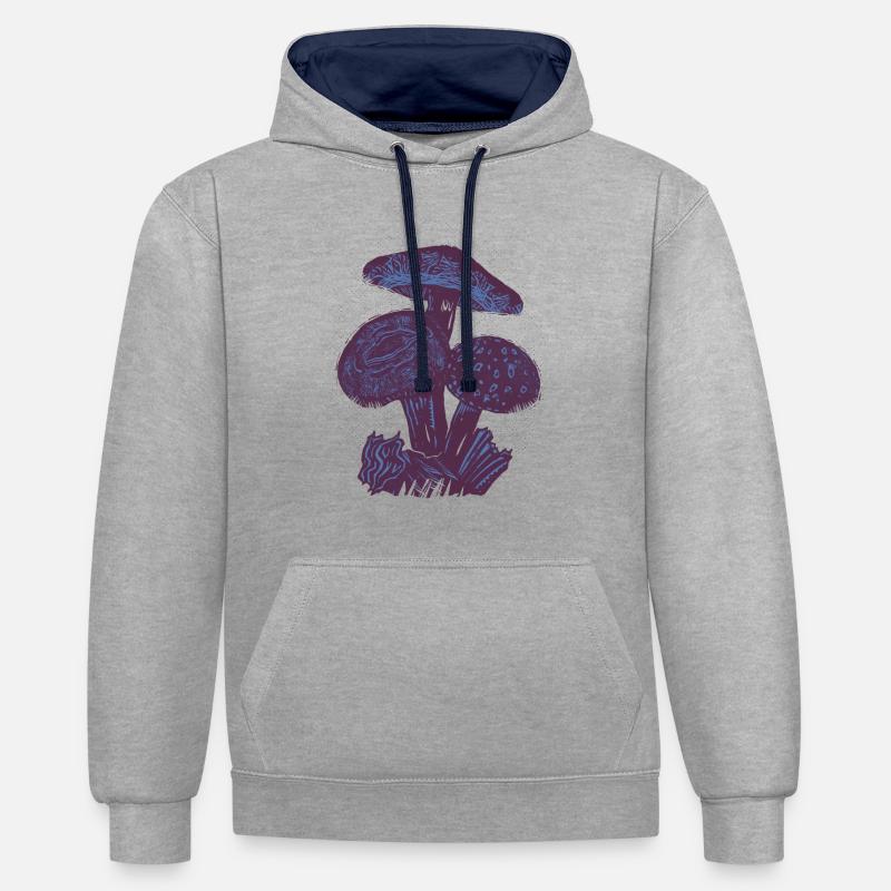Champignons Linogravure - Sweat à capuche contrasté - gris chiné/bleu marine