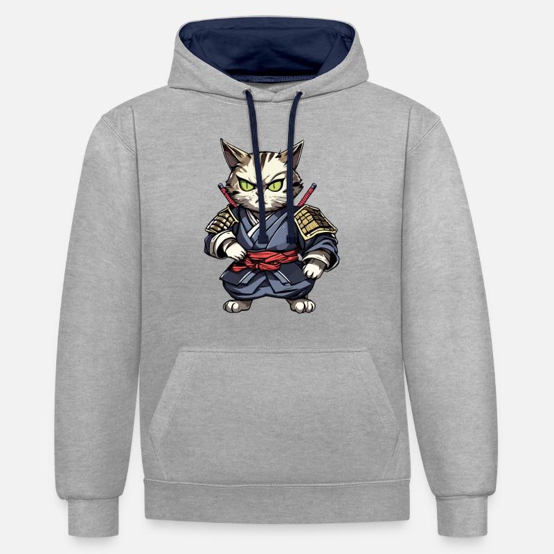 Chat samouraï #15 - Sweat à capuche contrasté - gris chiné/bleu marine