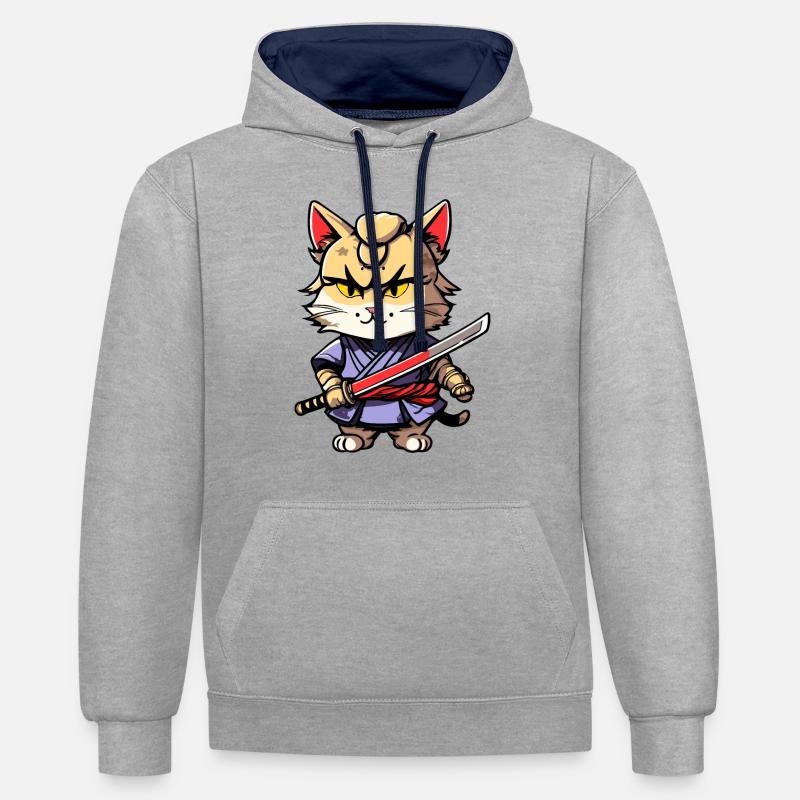 Chat samouraï #31 - Sweat à capuche contrasté - gris chiné/bleu marine