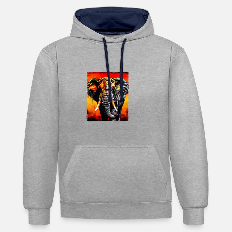 Portrait d’éléphant - Sweat à capuche contrasté - gris chiné/bleu marine