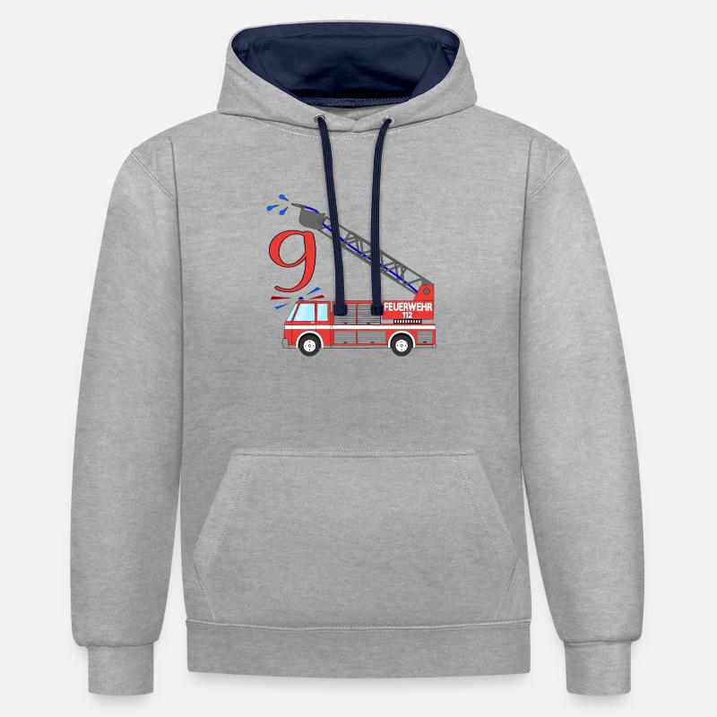 Camion de pompiers 9e anniversaire - Sweat à capuche contrasté - gris chiné/bleu marine