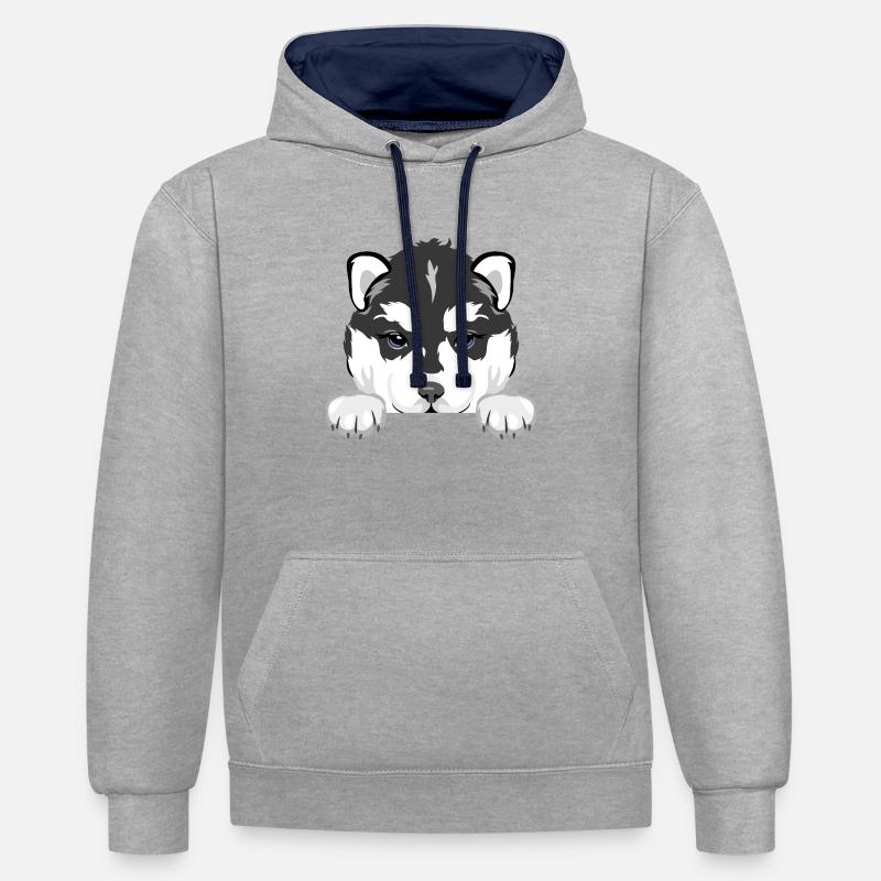 Chiot husky qui regarde - Sweat à capuche contrasté - gris chiné/bleu marine
