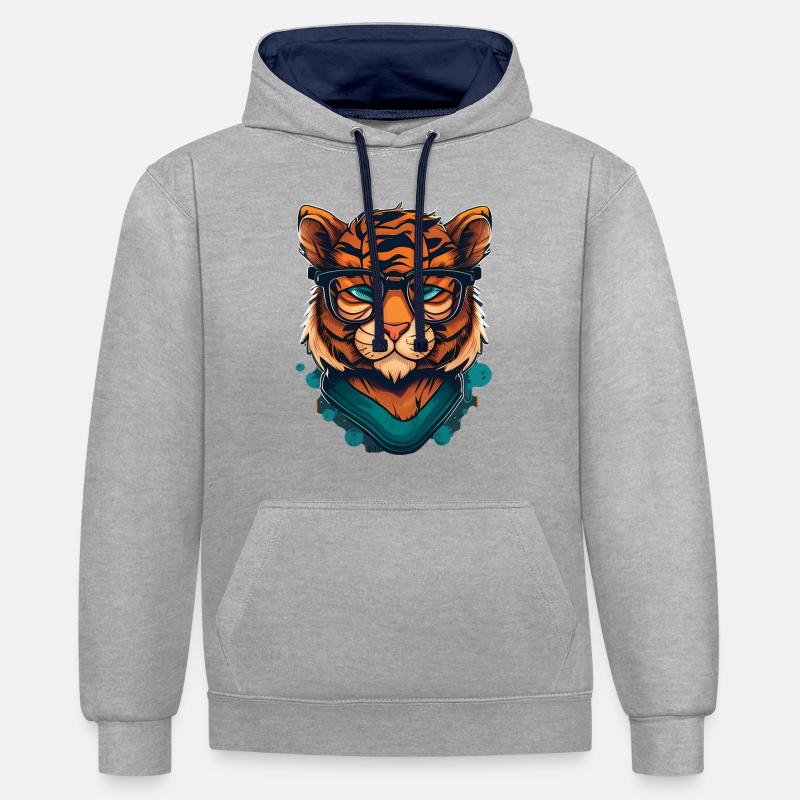 Tiger als Nerd mit Buch - Kontrast-Hoodie - Grau meliert/Navy