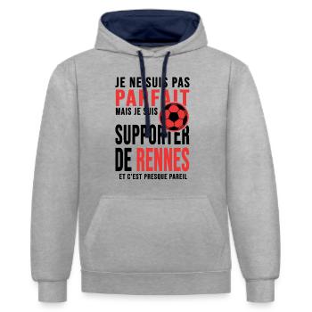 supporter foot Rennes club humour football rennais - Sweat à capuche contrasté - gris chiné/bleu marine - Devant - Liana (172cm) & Jaron (178cm)