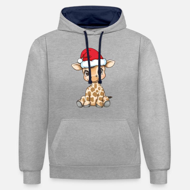 Girafe Noël mignon Noël mignon - Sweat à capuche contrasté - gris chiné/bleu marine
