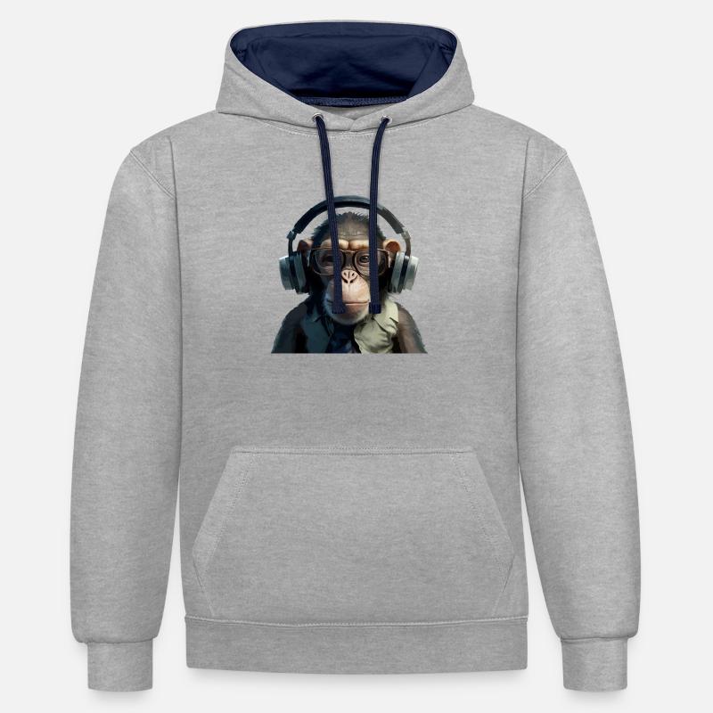 Maki le singe mélomane - Sweat à capuche contrasté - gris chiné/bleu marine