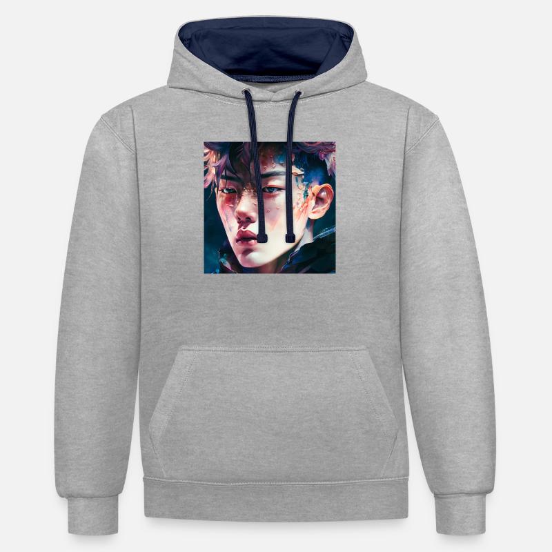 Crystalline Asian K-Pop Idol - Sweat à capuche contrasté - gris chiné/bleu marine