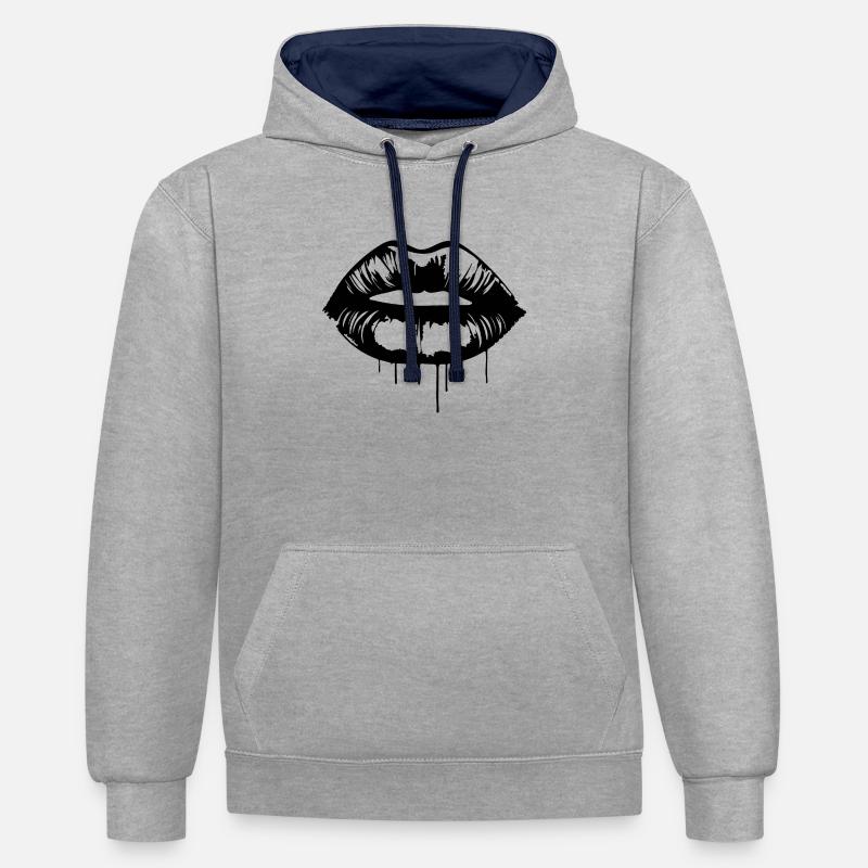 Lèvres, bouche, baisers lèvres - Sweat à capuche contrasté - gris chiné/bleu marine