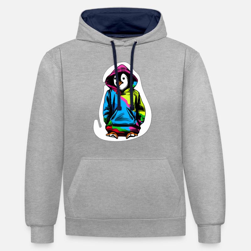 Süßer Pinguin mit Bunten Pullover - Kontrast-Hoodie - Grau meliert/Navy