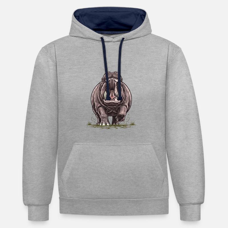 Hippopotame en Charge Puissance Sauvage - Sweat à capuche contrasté - gris chiné/bleu marine