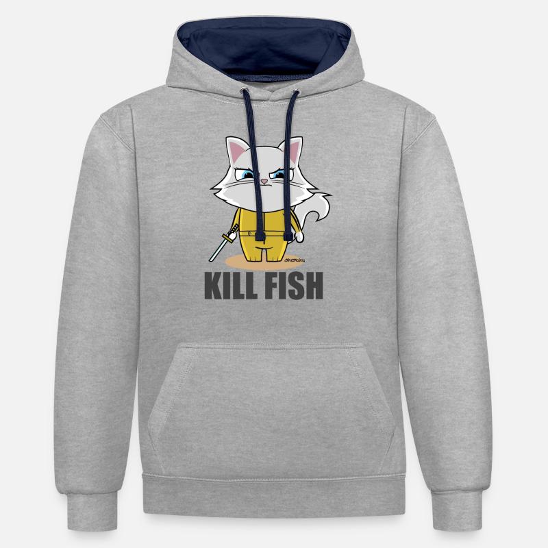 Humour de chat Kill Bill - Sweat à capuche contrasté - gris chiné/bleu marine