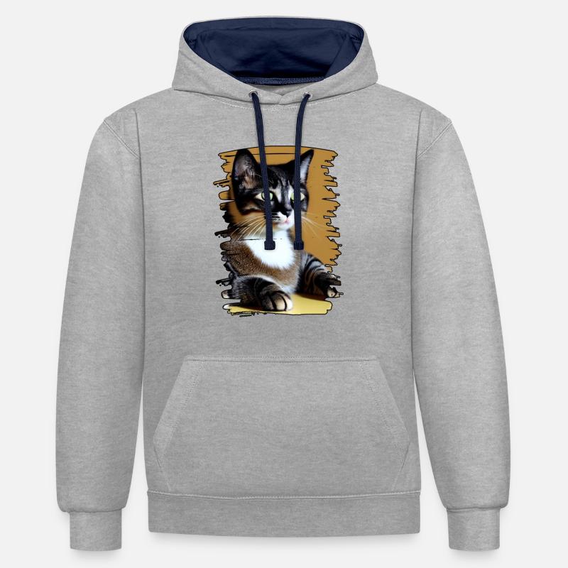 Visage de chat 9 - Sweat à capuche contrasté - gris chiné/bleu marine