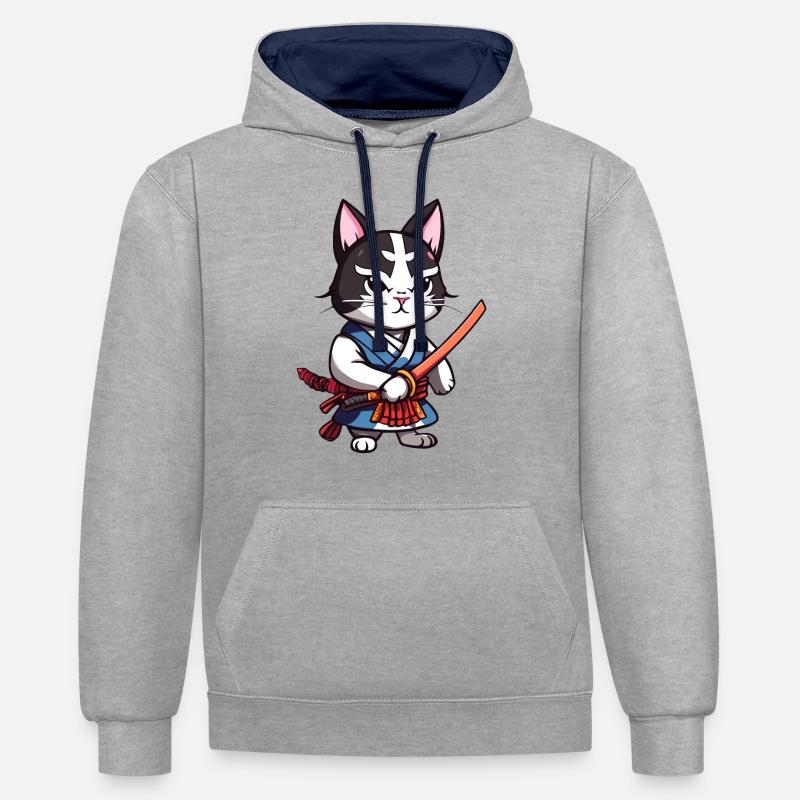 Chat samouraï #42 - Sweat à capuche contrasté - gris chiné/bleu marine