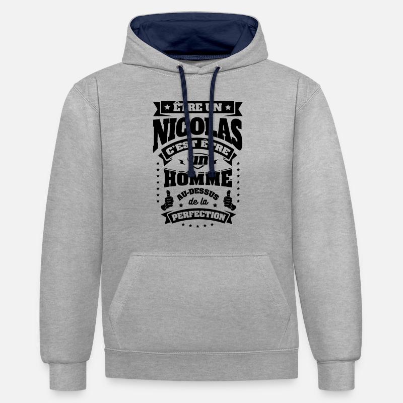 NOM - PRÉNOM - NICOLAS - NICO - Sweat à capuche contrasté - gris chiné/bleu marine