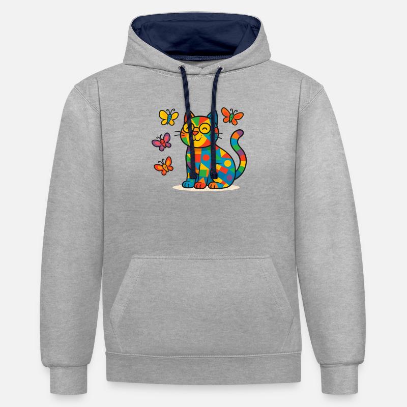 Chat patchwork et papillons - Sweat à capuche contrasté - gris chiné/bleu marine