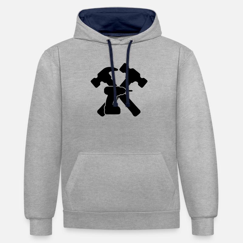 Marteaux à outils, silhouette de perceuse - Sweat à capuche contrasté - gris chiné/bleu marine