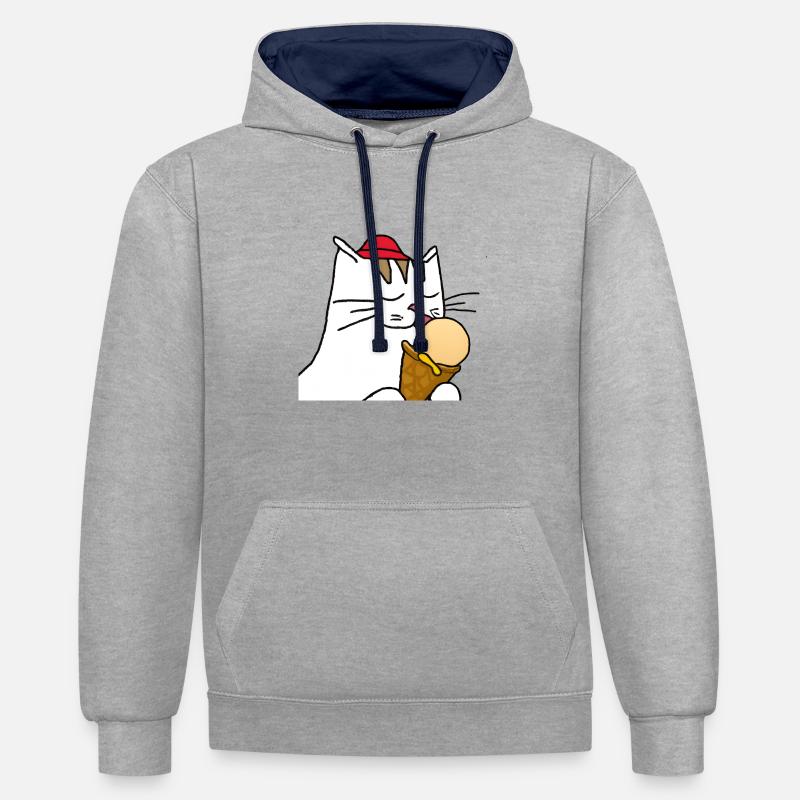 Chat avec crème glacée - Sweat à capuche contrasté - gris chiné/bleu marine